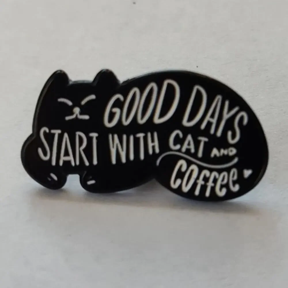 Cute Curled Up Cat With Good Days Start With Car and Coffee Pin Kitty Lapel Hat